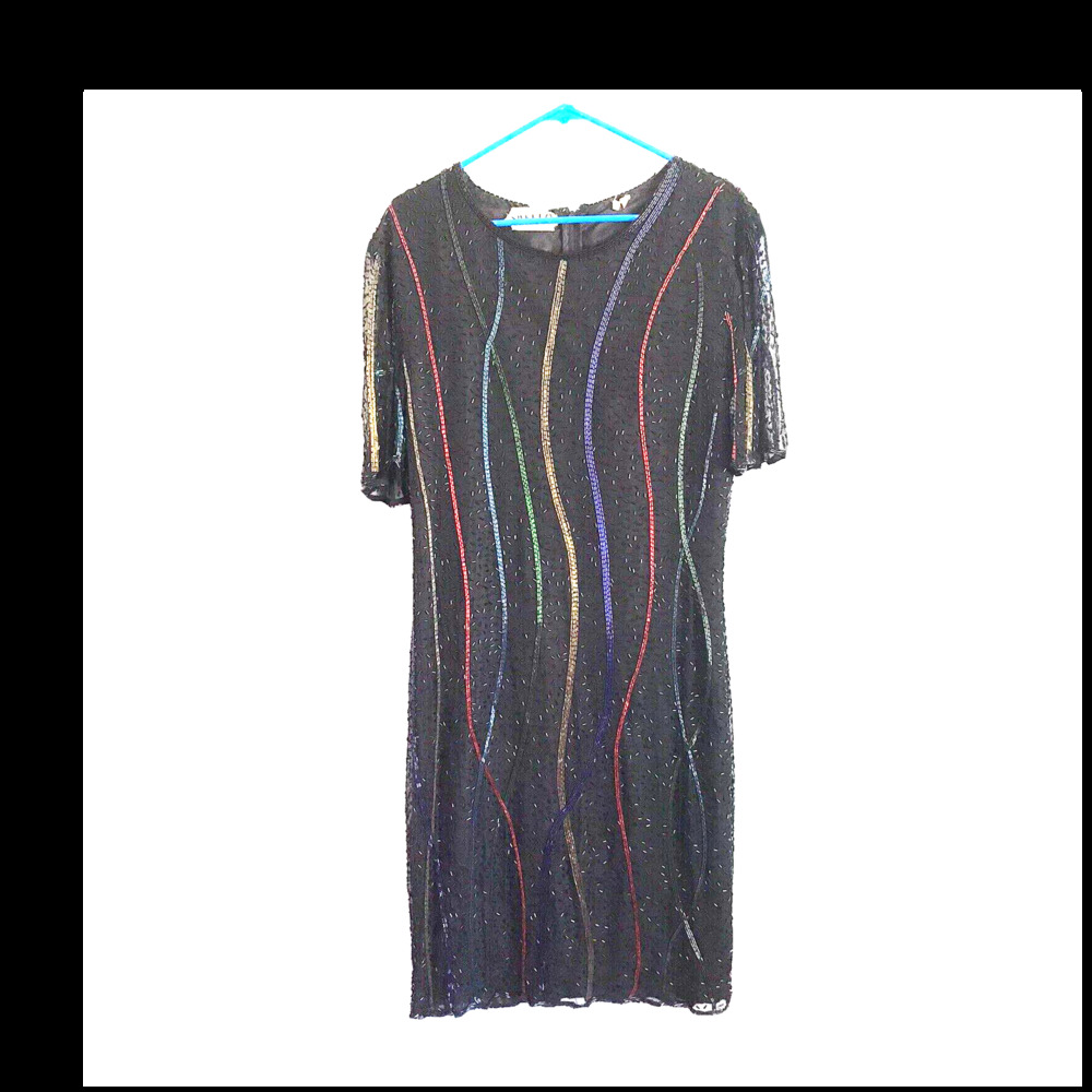 Vintage Swee Lo Silk Sequin Beaded Black Rainbow silk Cocktail Dress Sz L 10-12